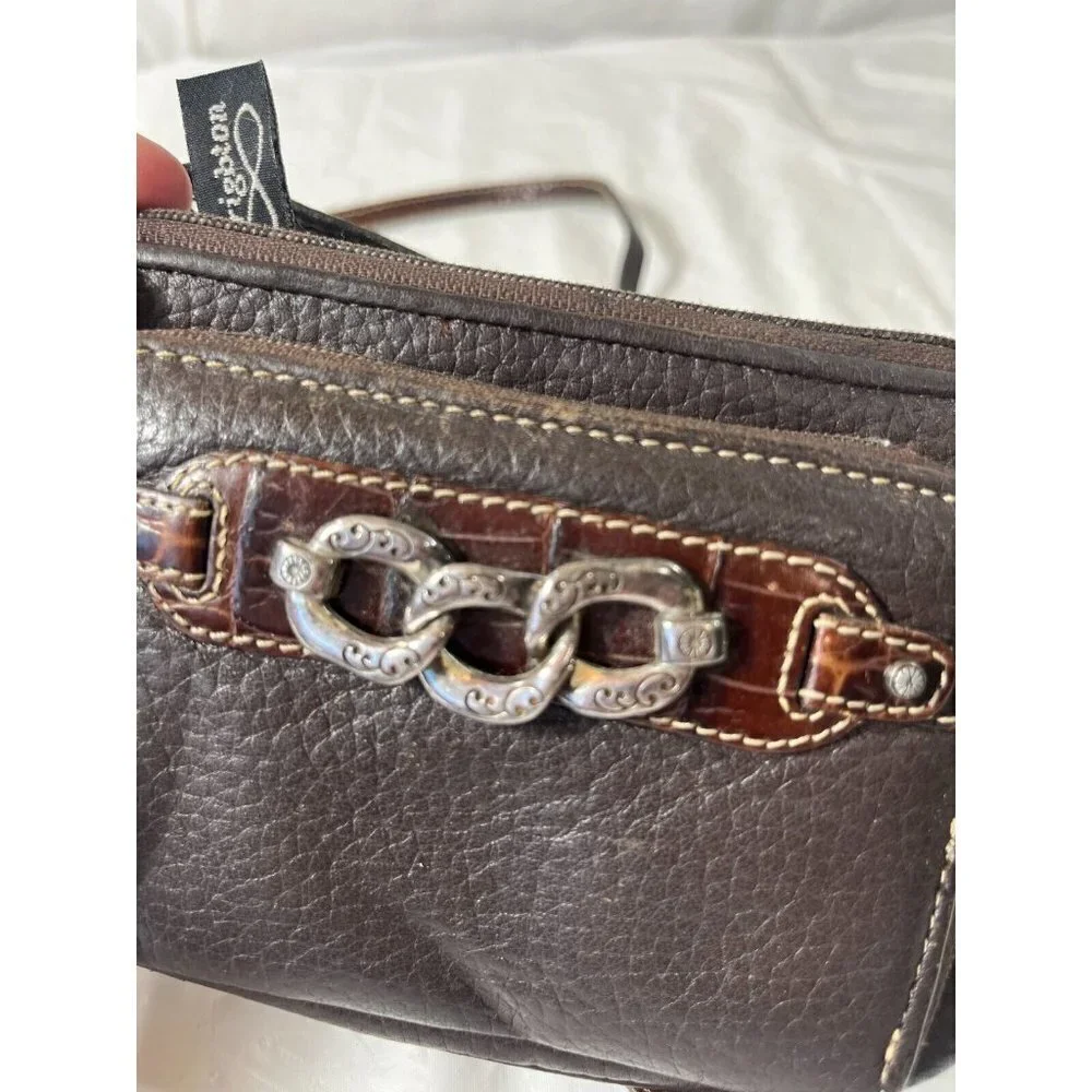 Brighton Crossbody Organizer Brown Pebbled Leather Decorative Chain Hardware